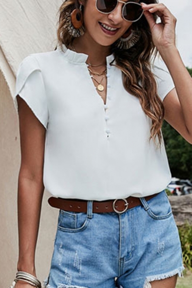 Trendy Plain Shirt V-Neck Button Detail Curved Hem Short-Sleeved Shirt for Women