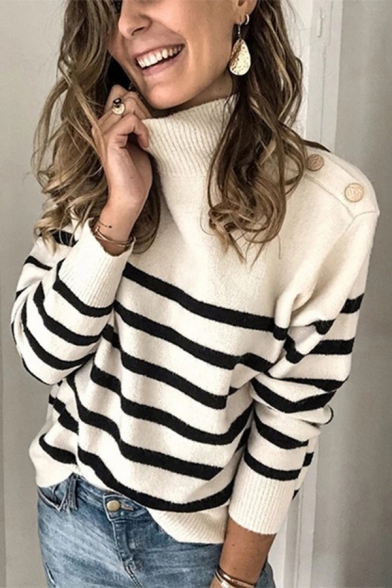 Trendy Womens Sweater Striped Print Mock Neck Long Sleeve Regular Fit Pullover Sweater with Button