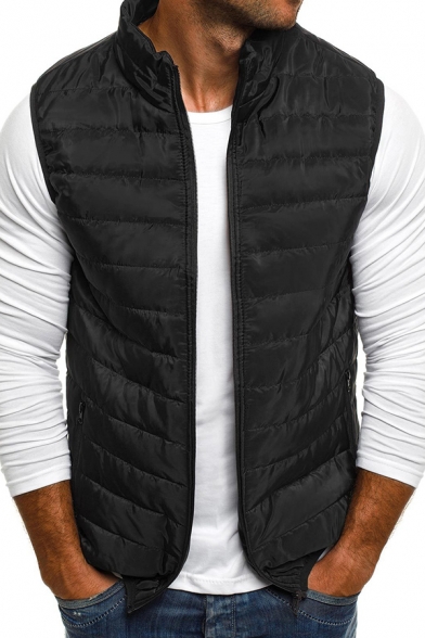 Unique Mens Vest Pure Color Sleeveless Stand Collar Regular Fitted Zip Closure Vest