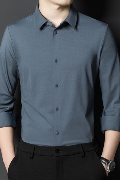 Urban Mens Shirt Plain Long Sleeve Turn-down Collar Button Closure Regular Fit Shirt