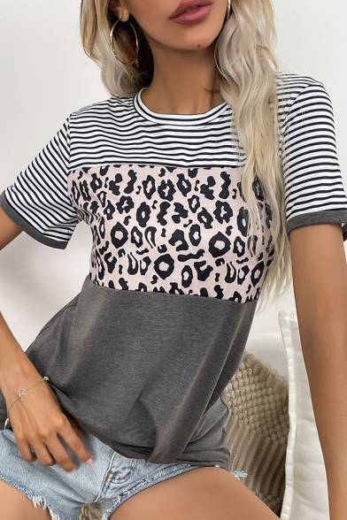 Vintage Womens T-Shirt Leopard Print Short Sleeve Crew Neck Oversized T-Shirt