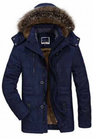 Warm Mens Coat Plain Zip Closure Inner Fleece Long Sleeve Regular Fit Coat with Hood