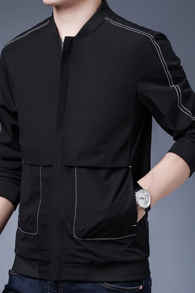 Basic Contrast Line Mens Jacket Zip Closure Pockets Detail Stand Collar Regular Fit Jacket