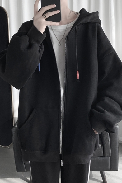 Boy's Fashionable Hoodie Plain Pocket Long-Sleeved Loose Hooded Drawcord Zipper Hoodie