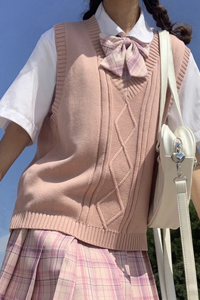 Boyish Girls Sweater Vest Solid Cable Knit V-Neck Sleeveless Straight Fit Vest