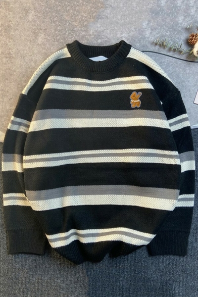 Boys Freestyle Sweater Striped Pattern Long Sleeves Round Neck Oversize Pullover Sweater