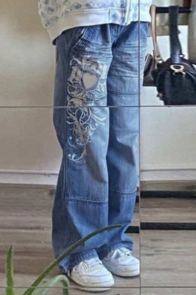 Casual Ladies Jeans Faded Wash Floral Print Mid Rise Zip Fly Long Length Wide Leg Jeans
