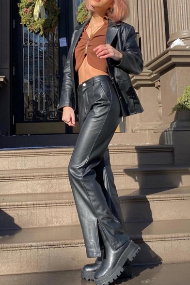 Casual Ladies Pants Solid PU Leather Zip Fly Mid Rise Split Hem Bootcut Pants