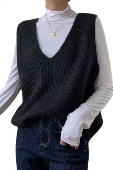 Chic Ladies Sweater Vest Solid V-Neck Sleeveless Oversized Vest