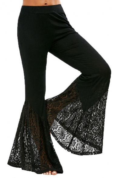 Chic Womens Knit Pants Solid Color High Rise Lace Flare Pants in Black