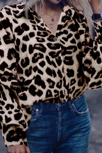 Classic Womens Shirt Button Closure Leopard Pattern Turn Down Collar Flare Sleeve Regular Fit Shirt