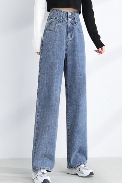 Classic Womens Straight Jeans High Waist Light Wash Zipper Fly Long Wide Leg Jeans