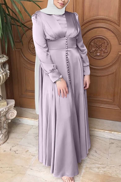 Ethnic Plain Womens Dress Front Button Detail Long Sleeve Satin Maxi Dress