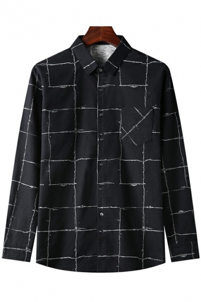 Fashionable Mens Shirt Plaid Pattern Turn-down Collar Relaxed Long Sleeve Button Fly Shirt