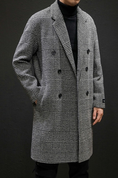 Freestyle Guys Coat Plaid Print Long Sleeve Lapel Collar Relaxed Double Breasted Pea Coat