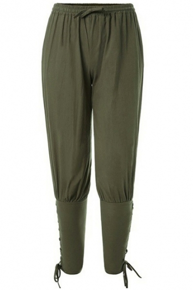 Guys Edgy Pants Plain Lace-up Design Drawstring Waist Mid Rise Long Length Harlan Pants