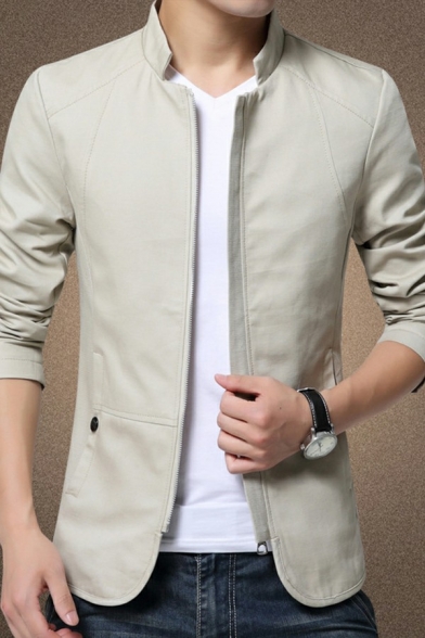 Mens Urban Style Jacket Pure Color Zipper Pocket Stand Collar Long Sleeve Regular Baseball Jacket