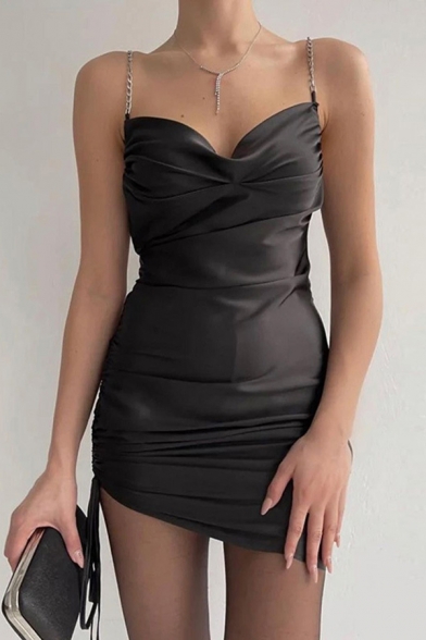 Sexy Slip Dress Solid Spaghetti Straps Sashes Drawstring Side Mini Womens Dress