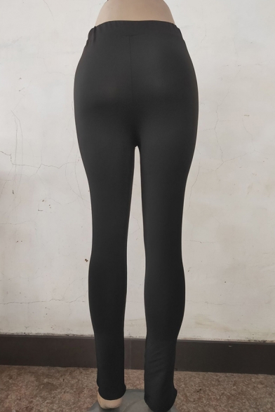 Simple Ladies Pants Solid Elastic Waist Mid Rise Split Hem Slim Bootcut Pants