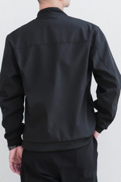 Simple Men Jacket Plain Zip Closure Long Sleeve Stand Collar Regular Fit Jacket