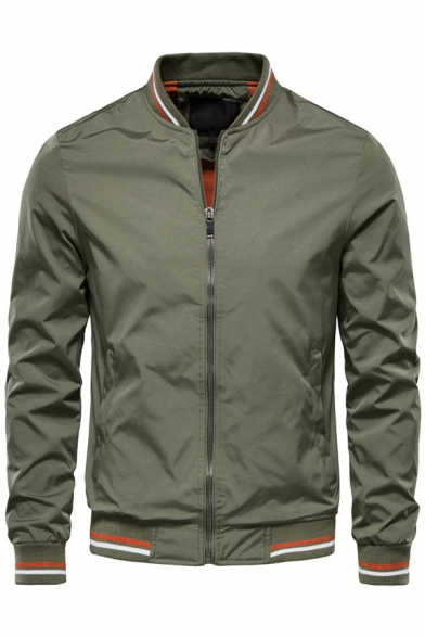 Simple Mens Coat Contrast Line Zip Closure Stand Collar Long Sleeve Regular Fit Coat