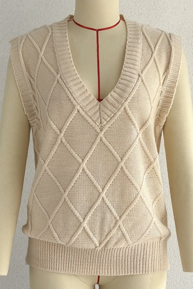 Simple Womens Sweater Vest Plain V Neck Cable Knit Sleeveless Straight Fit Vest