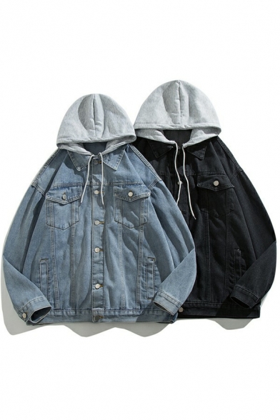 Stylish Boy's Jacket Fake Two Piece Patchwork Button Closure Loose Fit Denim Jacket with Hood
