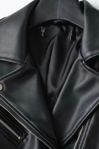 Stylish Womens Jacket Plain Zip Placket Belted Notched Collar Zipper Pocket Long Sleeve Leather Jacket