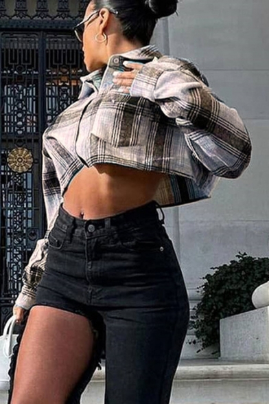 Trendy Cropped Shirt Plaid Spread Collar Single Breasted One Pocket Long Sleeve Womens Shirt