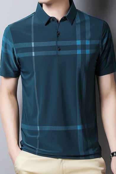 Trendy Mens T-Shirt Plaid Pattern Short Sleeve Turn-down Collar Regular Fit T-Shirt
