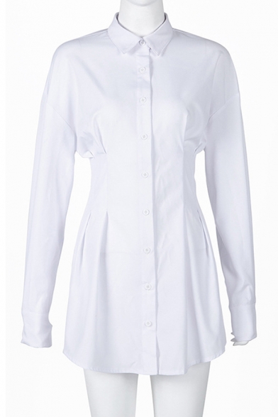 Trendy Plain Shirt Dress Turn Down Collar Button Down Long Sleeve Mini Dress for Women