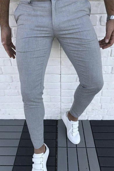 Vintage Mens Pants Solid Color Zipper Placket Mid Rise Full Length Skinny Fit Pants