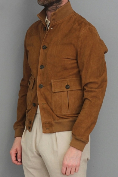 Vintage Plain Guys Coat Button Closure Long Sleeve Stand Collar Regular Fit Coat