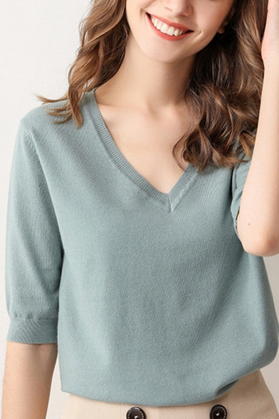 Basic Plain Knit Top V Neck Slim Fit Long-Sleeved Knitted Top for Women