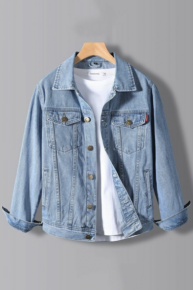 Casual Boy's Jacket Plain Spread Collar Button Closure Loose Fit Denim Jacket with Pocket