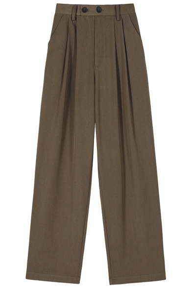 Casual Ladies Pants Solid Color Pleated Detail Zip Fly High Rise Straight Wide Leg Pants