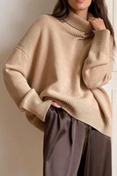 Casual Ladies Sweater Solid Color High Neck Long Sleeve Oversized Sweater