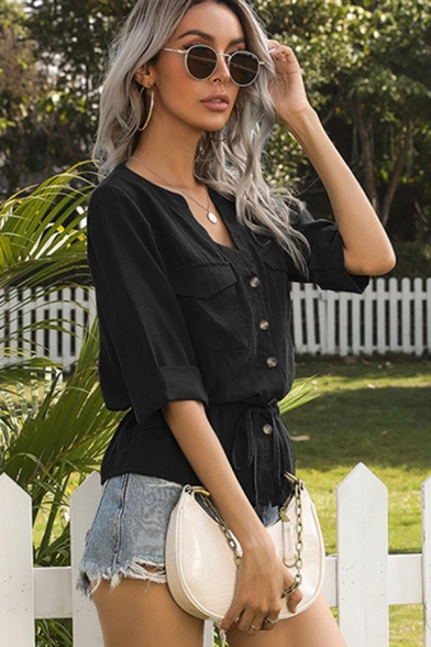 Casual Shirt Solid V-Neck Half Sleeve Chest Pockets Button Down Lace-Up Womens Shirt
