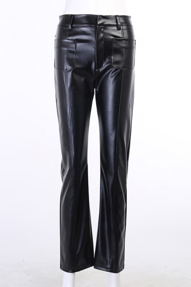 Chic Womens Pants Solid PU Leather Zip Fly Center Seam High Rise Straight Pants