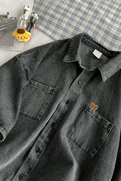 Dashing Boy's Jacket Cartoon Bear Print Button Closure Turn-down Collar Loose Fit Denim Jacket