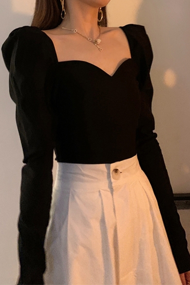Elegant Womens T-Shirt Square Neck Puff Sleeves Slim Fit T-Shirt in Black