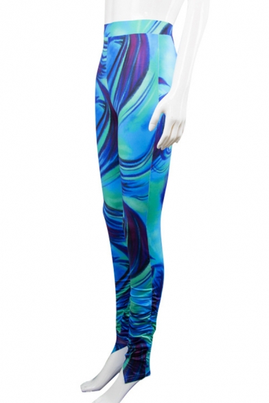 Fancy Ladies Pants Mid Waist Abstract Pattern Long Length Slim Fitted Pants
