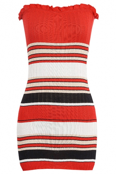 Fashion Strapless Dress Striped Pattern Slim Fit Mini Dress for Women