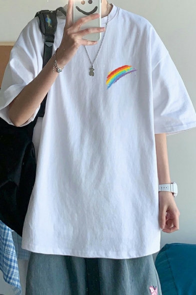Fashionable Boys T-Shirt Rainbow Pattern Half Sleeve Round Neck Loose Fit T-Shirt