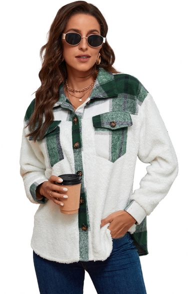 Fashionable Ladies Jacket Plaid Spread Collar Single Breasted Chest Pockets Long Sleeve Relaxed Jacket