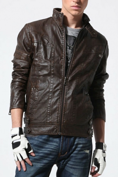 Guy's Creative Jacket Pure Color Pocket Stand Collar Long-Sleeved Relaxed Fitted PU Jacket