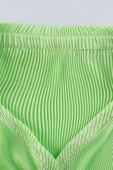 Leisure Green Shirt V-Neck Button Up Flare Sleeve Shirt for Women