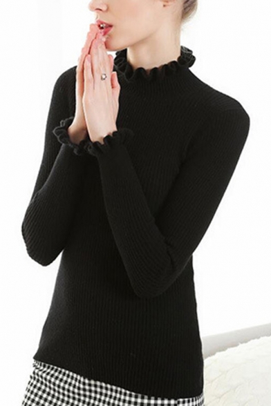 Leisure Ladies Sweater Plain Mock Neck Ruffle Detail Long Sleeve Slim Sweater