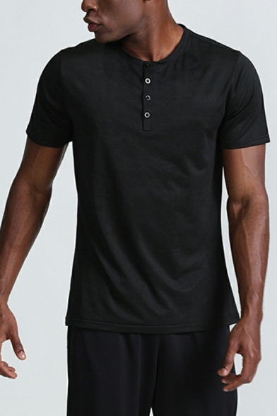 Men's Daily T-Shirt Pure Color Button Detail Short Sleeve Round Neck Regular Fit T-Shirt