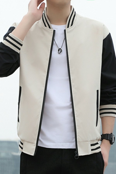 Men Urban Jacket Contrast Stripe Long Sleeve Fitted Stand Collar Baseball Jacket for Men